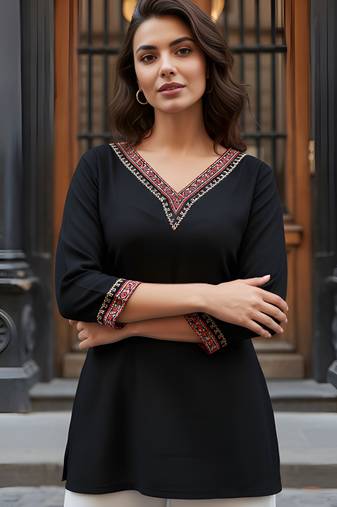 Black color rayon fabric ethnic office wear short kurti