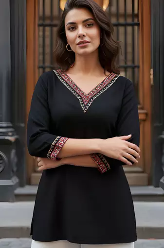 Black color rayon fabric ethnic office wear short kurti