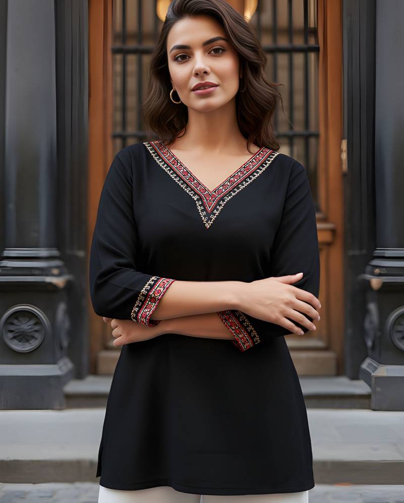 Black color rayon fabric ethnic office wear short kurti