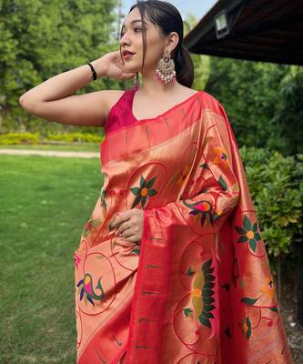 traditional red silk blend saree with vibrant floral motifs 3