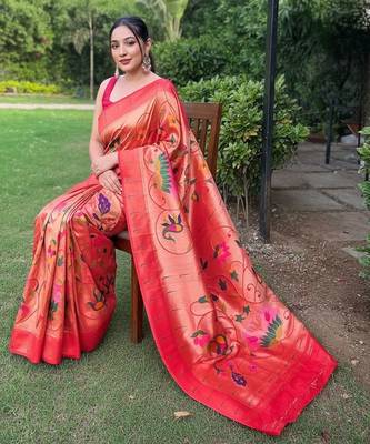 traditional red silk blend saree with vibrant floral motifs 4