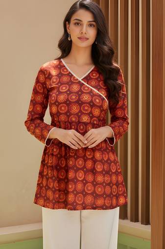 Orange color delta silk fabric ethnic office wear short kurti