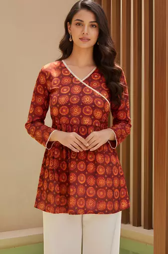 Orange color delta silk fabric ethnic office wear short kurti
