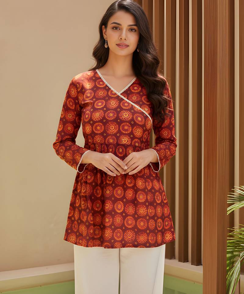 Orange color delta silk fabric ethnic office wear short kurti