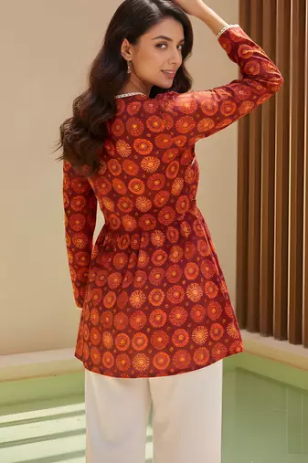 Orange color delta silk fabric ethnic office wear short kurti