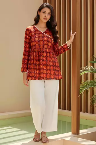 Orange color delta silk fabric ethnic office wear short kurti