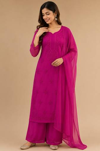 Pink faux georgette embroidered palazzo suit set