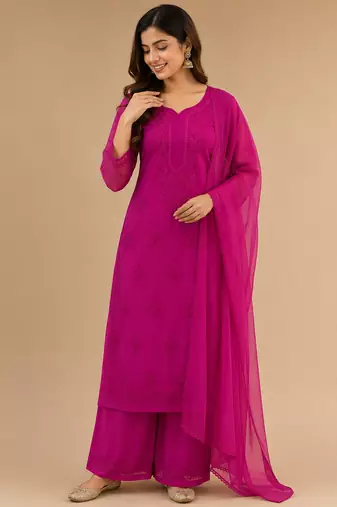 Pink faux georgette embroidered palazzo suit set