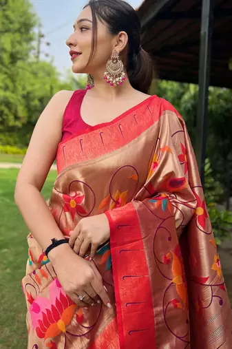 traditional wine silk blend saree with vibrant floral motifs