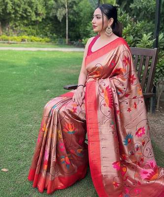 traditional wine silk blend saree with vibrant floral motifs 4