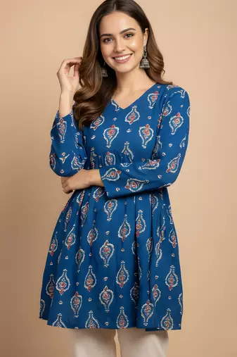 Blue color cotton fabric beautiful rich formal looks short kurti for office girls