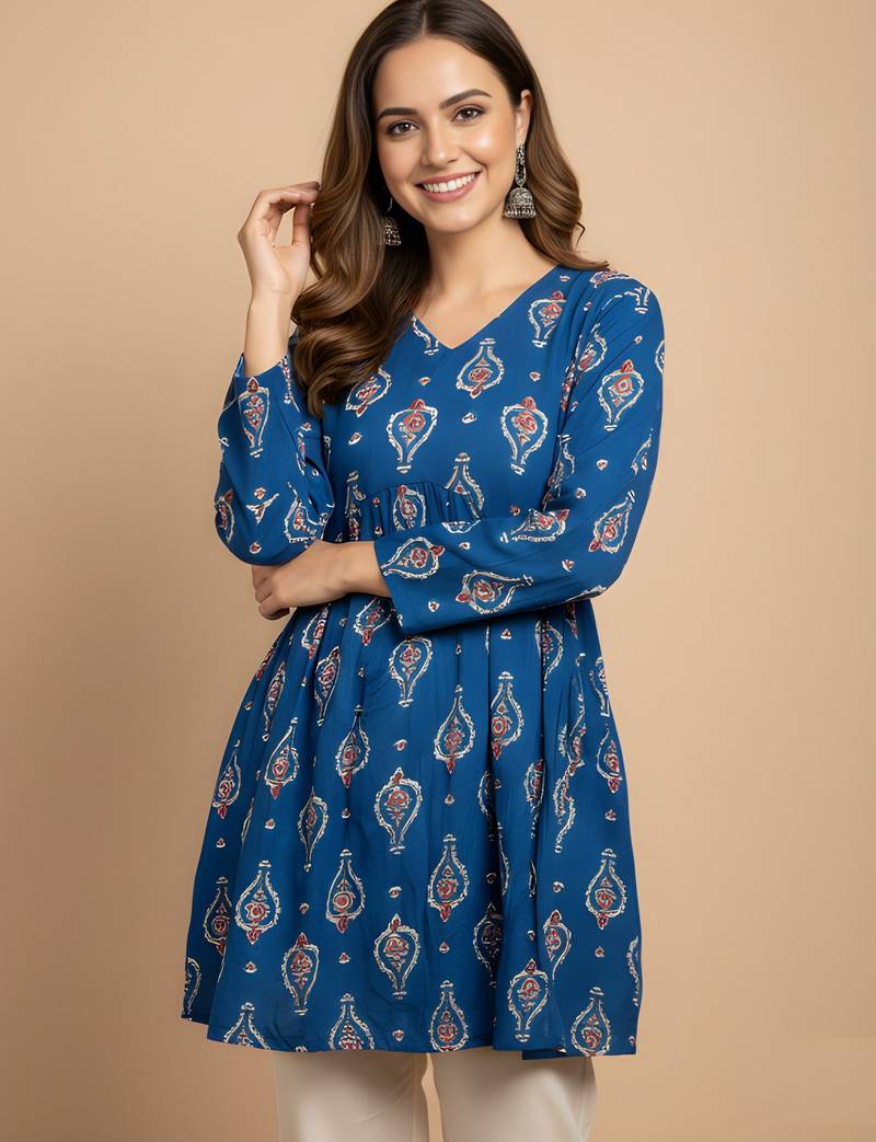 Blue color cotton fabric beautiful rich formal looks short kurti for office girls