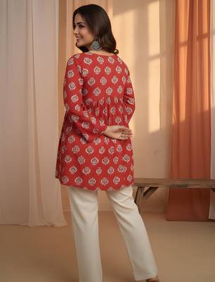 Red color cotton   fabric beautiful rich formal looks short kurti for office girls 2