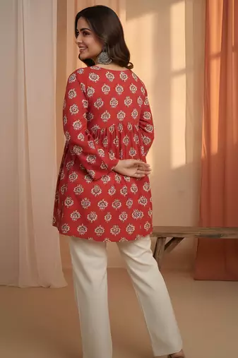 Red color cotton   fabric beautiful rich formal looks short kurti for office girls