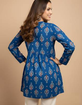 Blue color cotton fabric beautiful rich formal looks short kurti for office girls 2