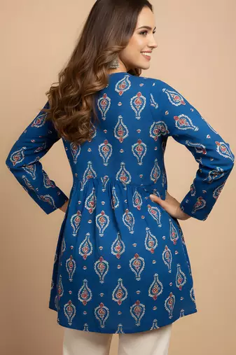 Blue color cotton fabric beautiful rich formal looks short kurti for office girls