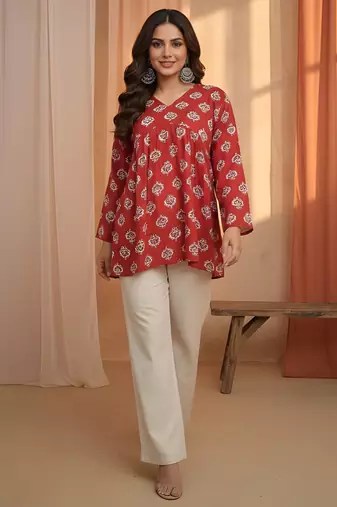Red color cotton   fabric beautiful rich formal looks short kurti for office girls