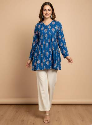 Blue color cotton fabric beautiful rich formal looks short kurti for office girls 3
