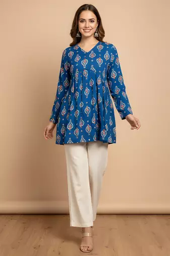 Blue color cotton fabric beautiful rich formal looks short kurti for office girls