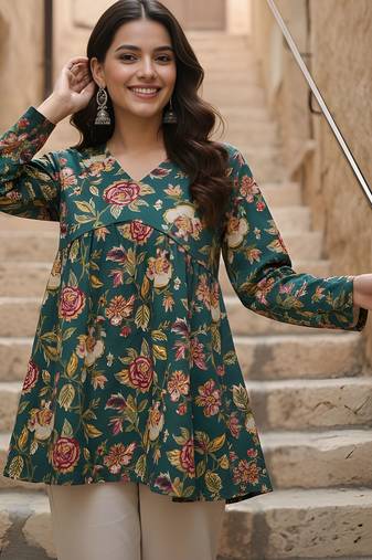 Green color cotton fabric beautiful rich formal looks short kurti for office girls