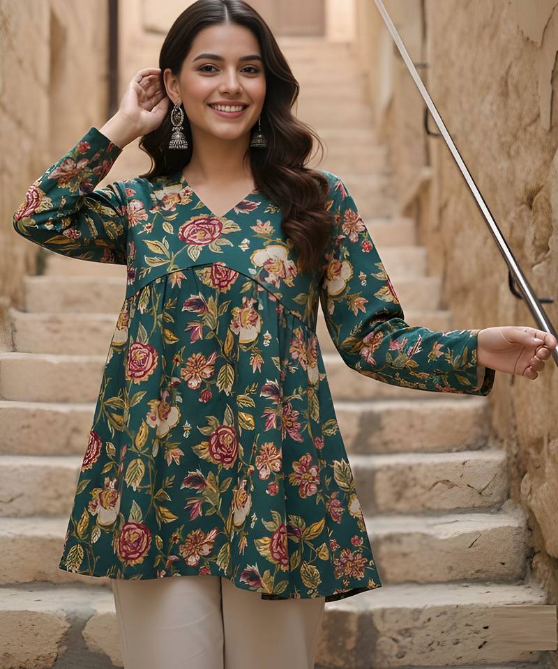 Green color cotton fabric beautiful rich formal looks short kurti for office girls