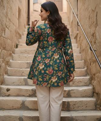 Green color cotton fabric beautiful rich formal looks short kurti for office girls 2