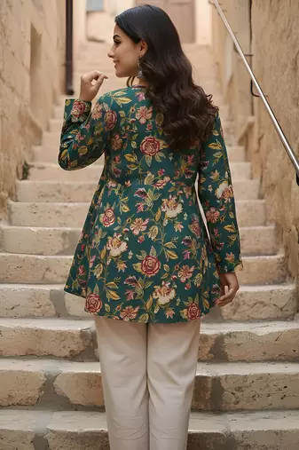 Green color cotton fabric beautiful rich formal looks short kurti for office girls