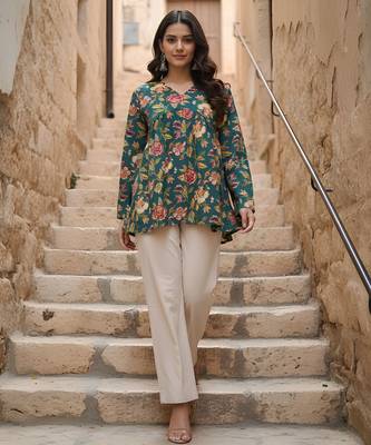 Green color cotton fabric beautiful rich formal looks short kurti for office girls 3