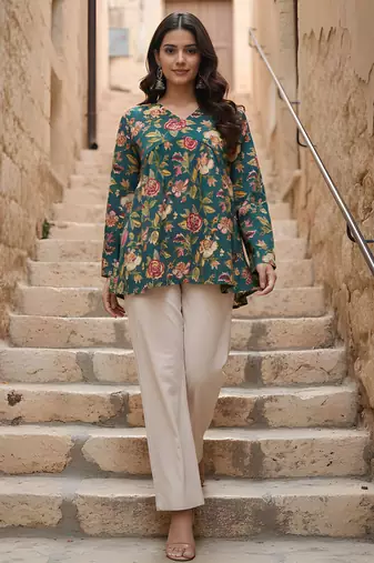 Green color cotton fabric beautiful rich formal looks short kurti for office girls