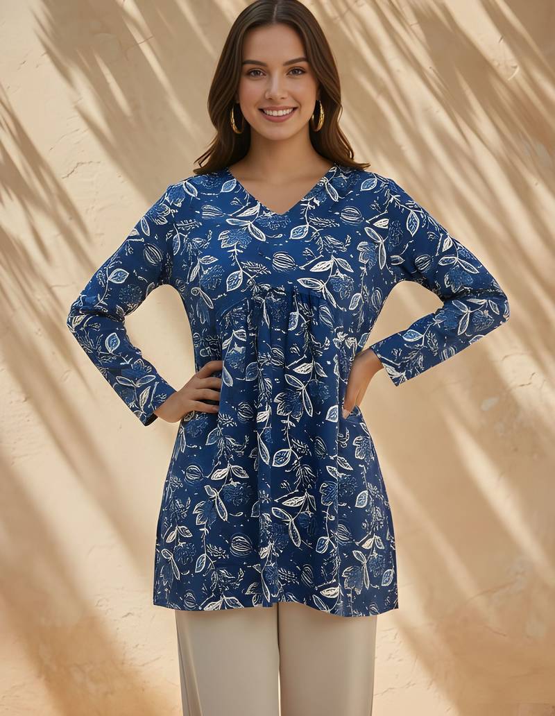 Blue color rayon fabric beautiful rich formal looks short kurti for office girls