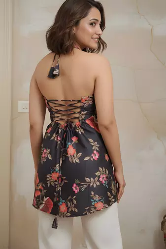 Black color crepe fabric beautiful rich formal looks short kurti for office girls
