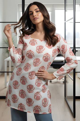 Off white color rayon fabric beautiful rich formal looks short kurti for office girls
