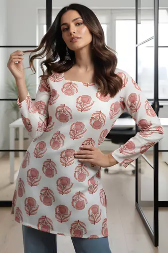 Off white color rayon fabric beautiful rich formal looks short kurti for office girls