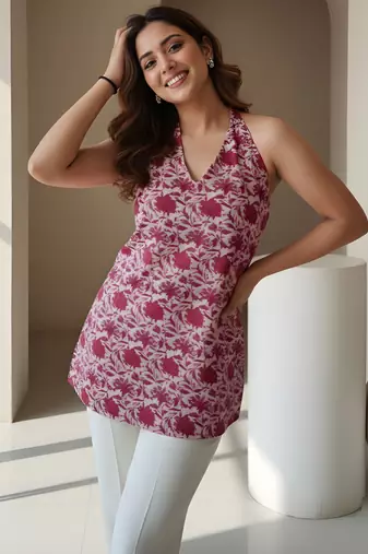 Pink color rayon fabric beautiful rich formal looks short kurti for office girls