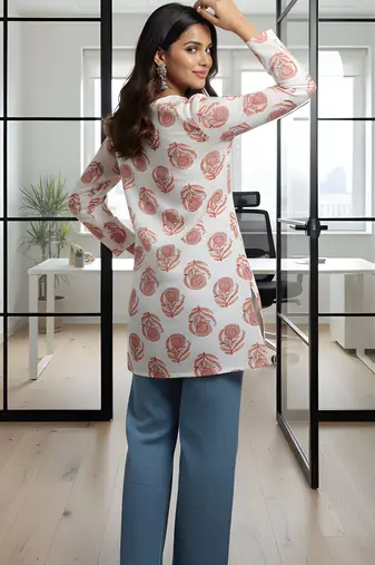 Off white color rayon fabric beautiful rich formal looks short kurti for office girls