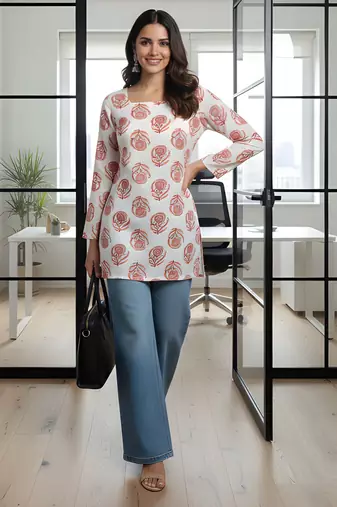 Off white color rayon fabric beautiful rich formal looks short kurti for office girls