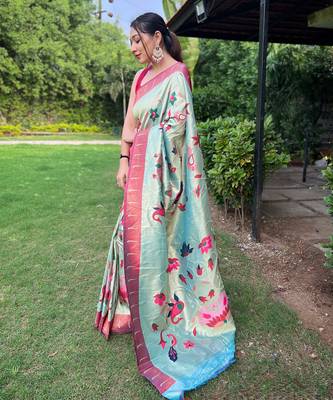 Traditional sky blue slk blend saree with vibrant floral motifs 2
