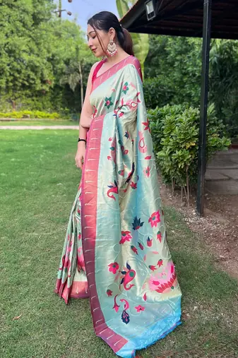 Traditional sky blue slk blend saree with vibrant floral motifs