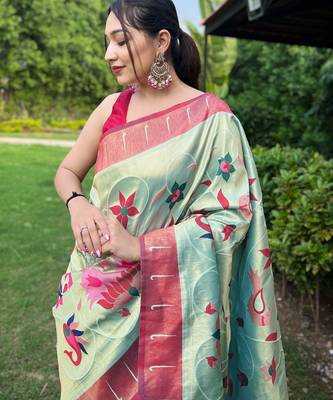 Traditional sky blue slk blend saree with vibrant floral motifs 3