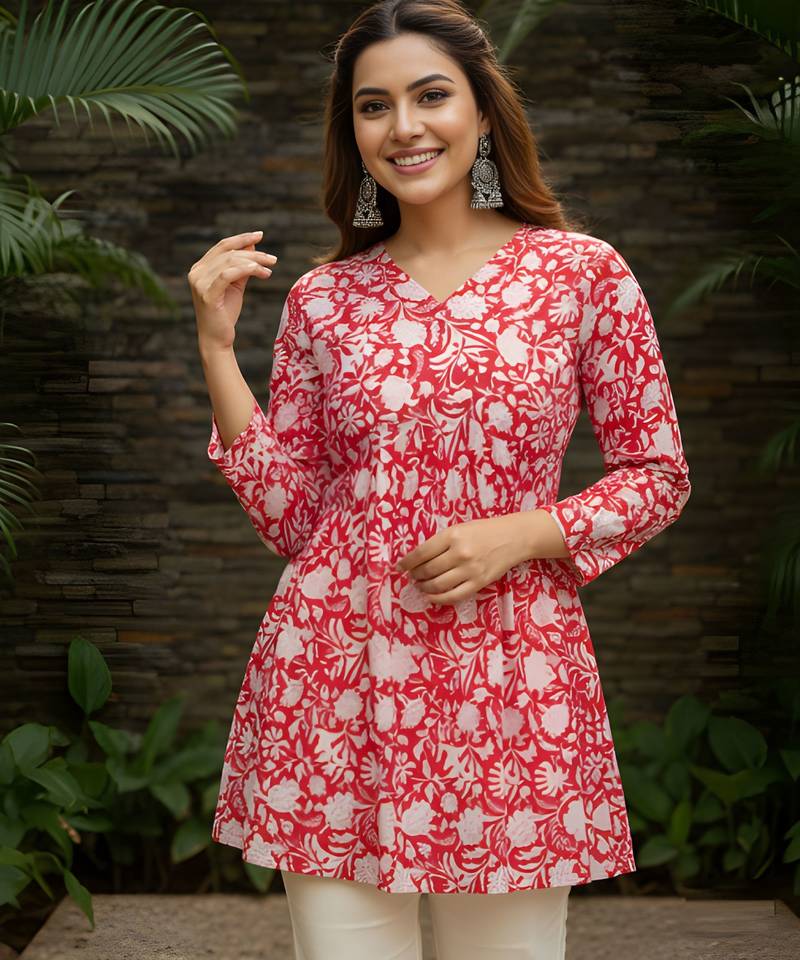 Red color beautiful sophisticated graceful formal short kurta for girls