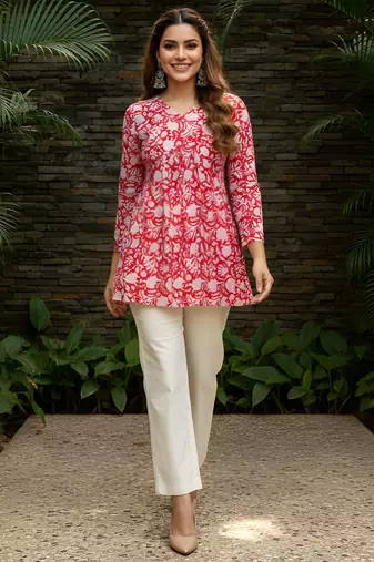 Red color beautiful sophisticated graceful formal short kurta for girls