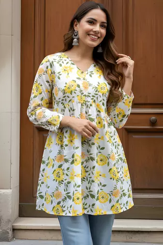 Yellow color beautiful sophisticated graceful formal short kurta for girls