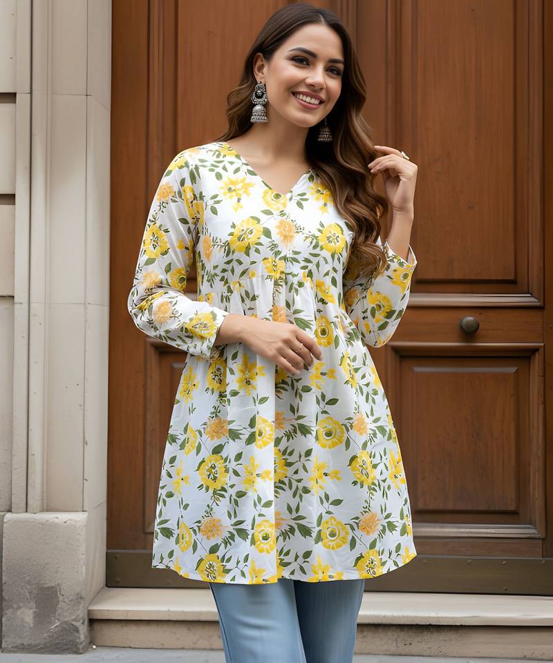 Yellow color beautiful sophisticated graceful formal short kurta for girls