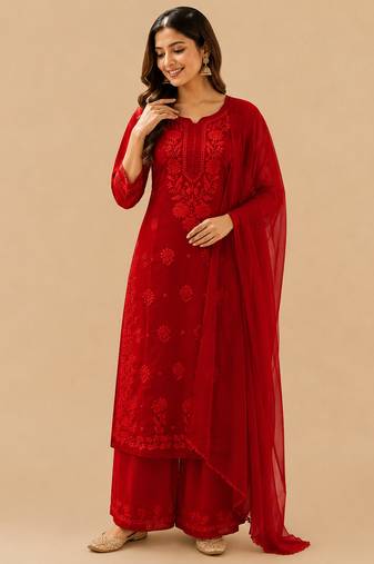 Red faux georgette embroidered palazzo suit set