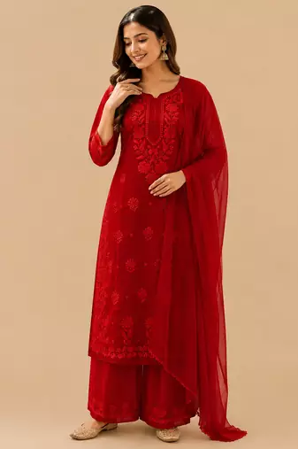 Red faux georgette embroidered palazzo suit set