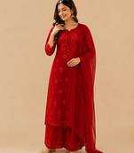 Red faux georgette embroidered palazzo suit set