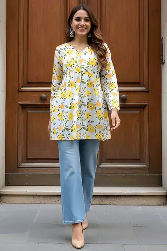 Yellow color beautiful sophisticated graceful formal short kurta for girls