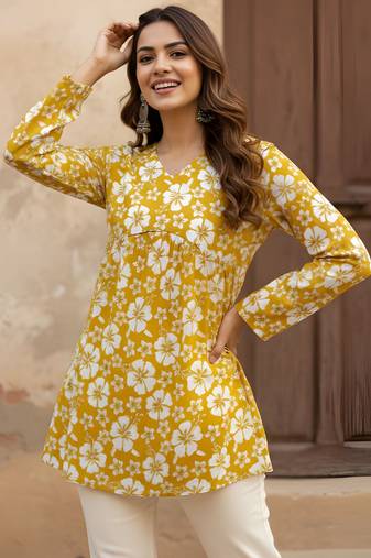 Mustard color beautiful sophisticated graceful formal short kurta for girls