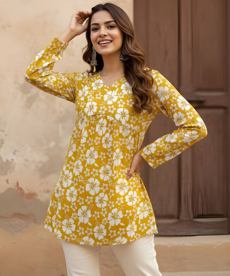 Mustard color beautiful sophisticated graceful formal short kurta for girls