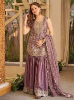 Lavender fendy silk embroidered sharara suit set 1